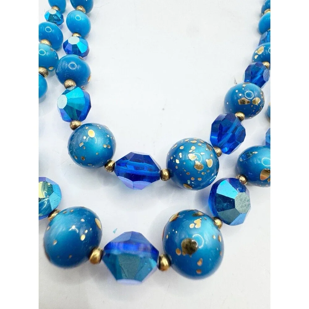Vintage MCM Peacock Blue Iridescent Two Strand Beaded Necklace Glass Gold Fleck
